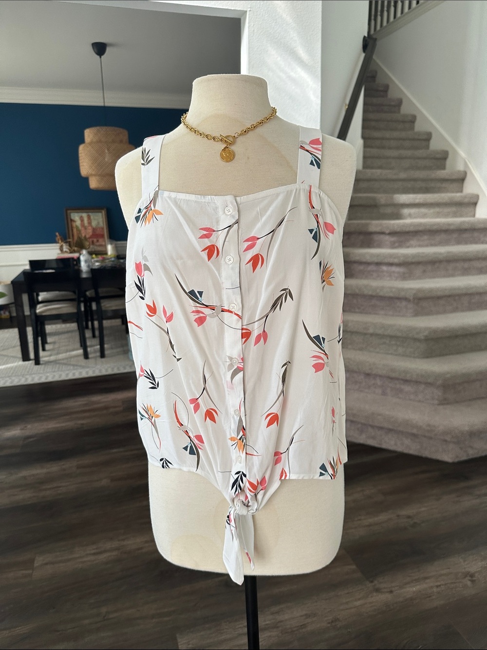 LOFT White Floral tank top with Pink and Coral Accents